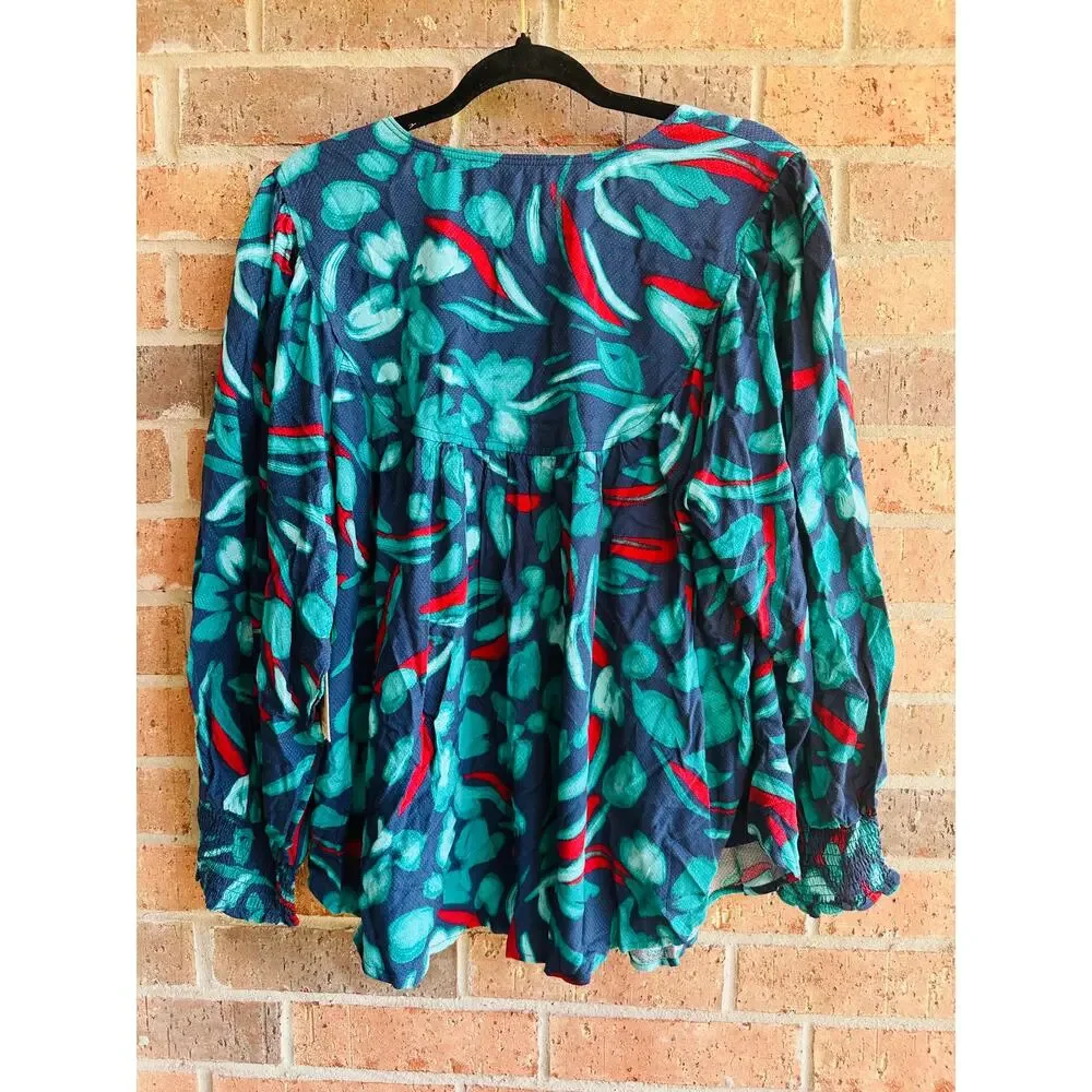 Nurture by westbound Women's Blue Leaf Print V-Neck Long Sleeve Blouse Sz 1X NWT - Picture 2 of 4